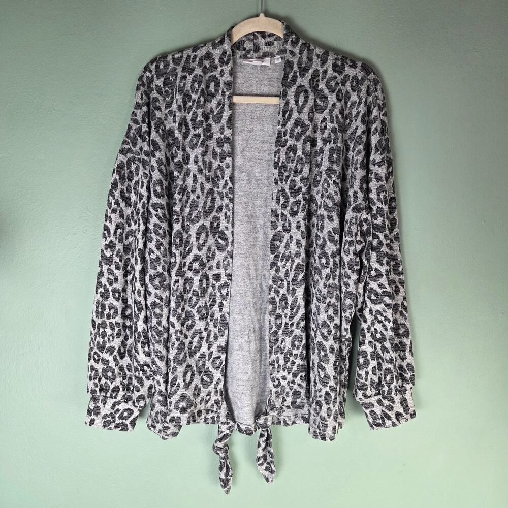 Chicos Cardigan Womens 4 XXL Gray Leopard Print Front Tie Open Front